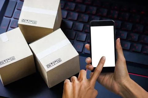 Online shopping concept e-commerce delivery buying service. square cartons sh Stock Photos