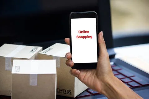 Online shopping concept e-commerce delivery buying service. square cartons sh Stock Photos