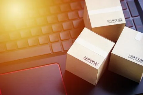 Online shopping concept e-commerce delivery buying service. square cartons sh Stock Photos