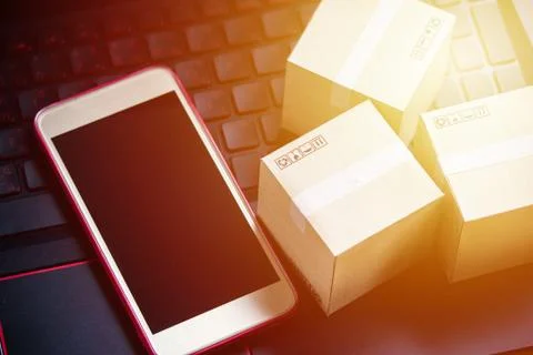 Online shopping concept e-commerce delivery buying service. square cartons sh Stock Photos