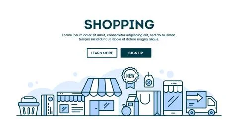 Online shopping, concept header, flat design thin line style Stock Illustration