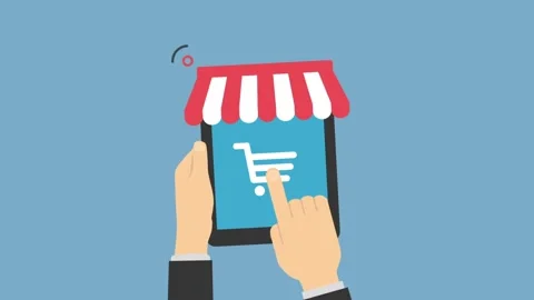 Online Shopping Concept with Tablet and Shopping Cart Symbol on Blue Backgrou 스톡 동영상 341920196