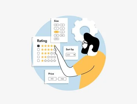 Online shopping concept with user filtering products by rating, price and size Stock Illustration