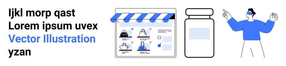 Online Shopping Concept with Website Interface, Bottle, and Person Gesture Illustrazione stock