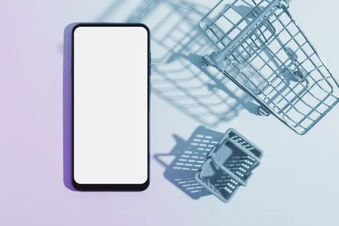 Online shopping creative composition top view. Knolling with phone mock up,.. Stock Photos