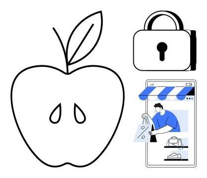 Online shopping, cybersecurity, data protection, nutrition, food delivery, mo Stock Illustration