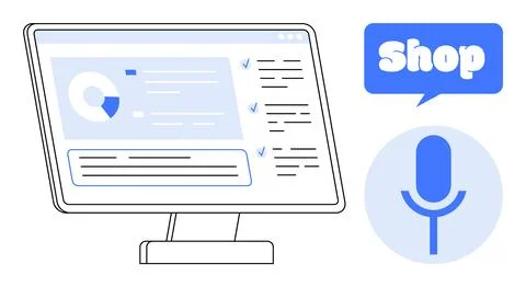 Online Shopping Dashboard with Voice Command Integration and Analytics Displa 스톡 일러스트