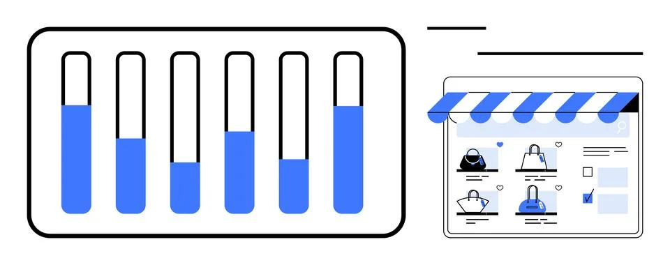 Online Shopping Data Analysis with Bar Charts and E-commerce Storefront Stock-Illustration