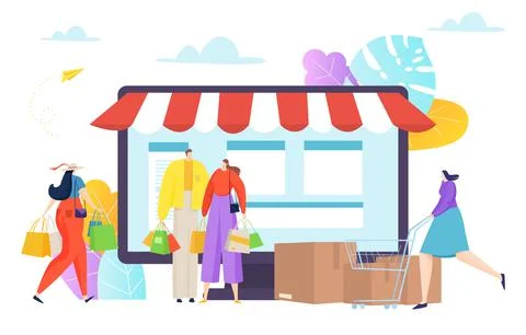 Online shopping desktop application, tiny character together purchase stuff web Ilustración de archivo