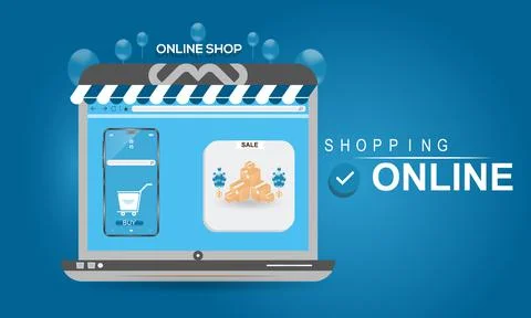 Online shopping digital store vector template with smartphone app Stock Illustration