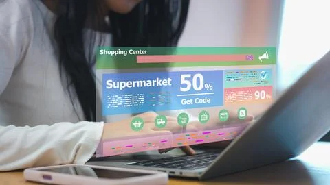 Online Shopping Discount Code Interface on Laptop with Digital Promotion Foto stock