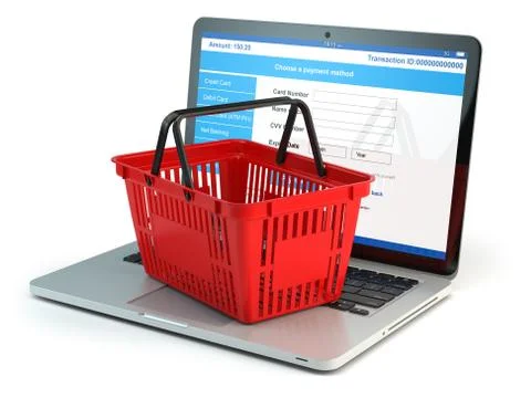 Online shopping e-commerce concept. Shopping basket on laptop keyboard isol.. Stock Illustration