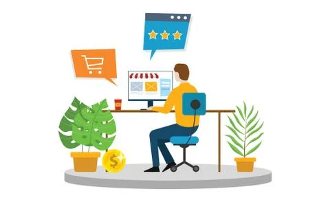 Online shopping e-commerce man shop in front of computer screen to buy produc Stock Illustration