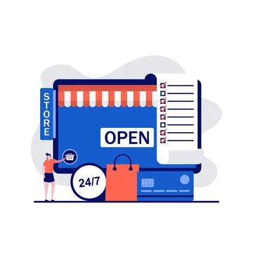 Online shopping, e-commerce, online store, distant trade concepts with char.. Stock Illustration