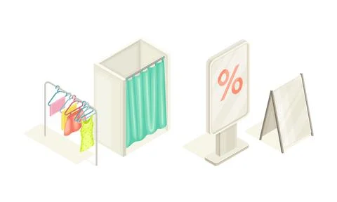 Online shopping elements set. Dressing room and trade exhibition stand displays Illustrazione stock