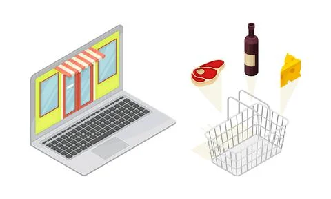 Online shopping elements set. E-commerce, delivery service concept isometric Ilustración de archivo