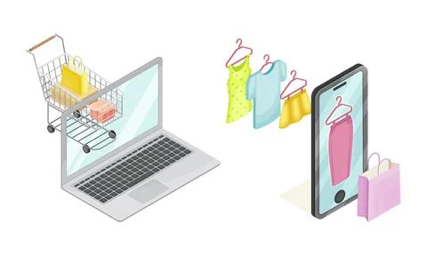 Online shopping elements set. Laptop and smartphone app. E-commerce concept 스톡 일러스트