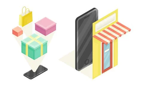 Online shopping elements set. Mobile app shopping and gift boxes. E-commerce イラスト素材