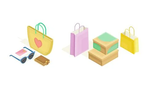 Online shopping elements set. Shopping bags. E-commerce concept isometric vector 스톡 일러스트