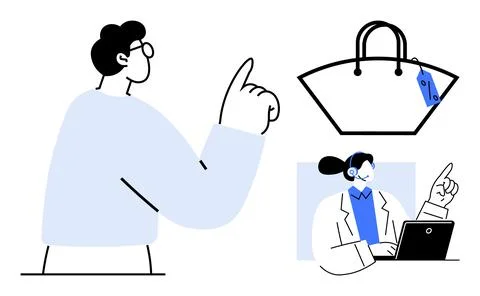 Online Shopping Experience with Customer Support and Product Selection Stock Illustration
