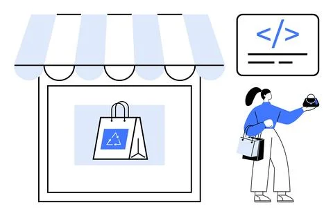 Online Shopping Experience Featuring Eco-friendly Products and Technologica.. Illustrazione stock