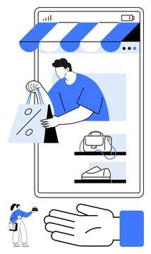 Online Shopping Experience with Mobile Interface and E-commerce Elements 스톡 일러스트