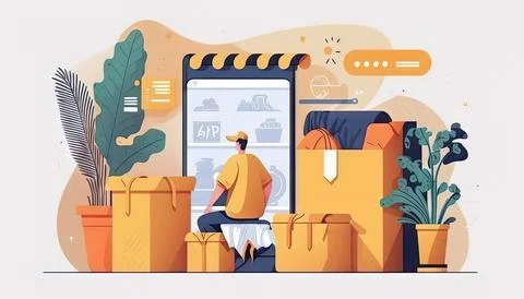 Online shopping, flat elements composition, worldwide delivery, goods, vect.. Illustrazione stock