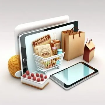 Online shopping, flat elements composition, worldwide delivery Stock Illustration