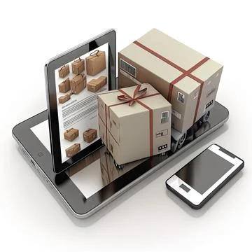 Online shopping, flat elements composition, worldwide delivery, goods Stock Illustration