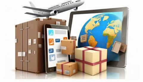 Online shopping, flat elements composition, worldwide delivery, goods Stock Illustration