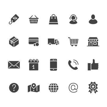 Online shopping flat glyph icons. E-commerce business, contacts, support, social Stock Illustration