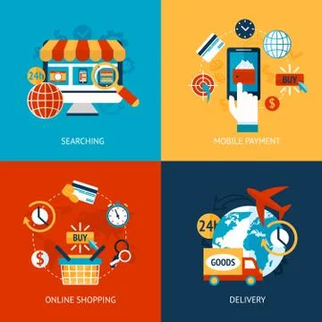 Online shopping flat set Stock Illustration