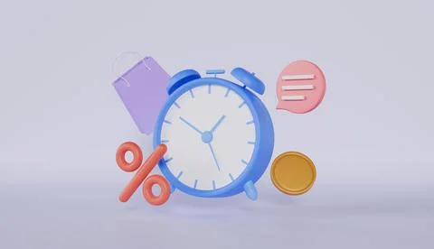 Online shopping with floating elements of alarm clock, shopping bag Stock Illustration