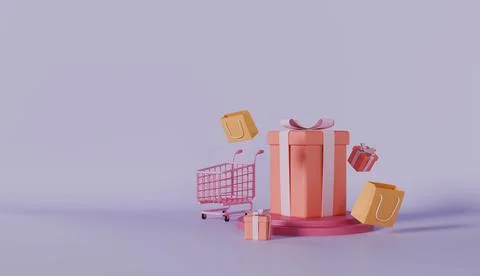 Online shopping with gift on platform and cart with shopping bag Stock Illustration