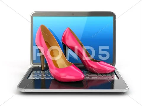 Online shopping. high heel shoes on laptop. Stock Illustration