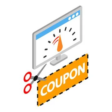 Online shopping icon isometric vector. Computer monitor scissors that cut coupon 스톡 일러스트