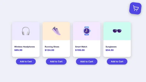 Online Shopping Interface Animation with Product Cards and Cart Counter Stockbeeldmateriaal 337088786