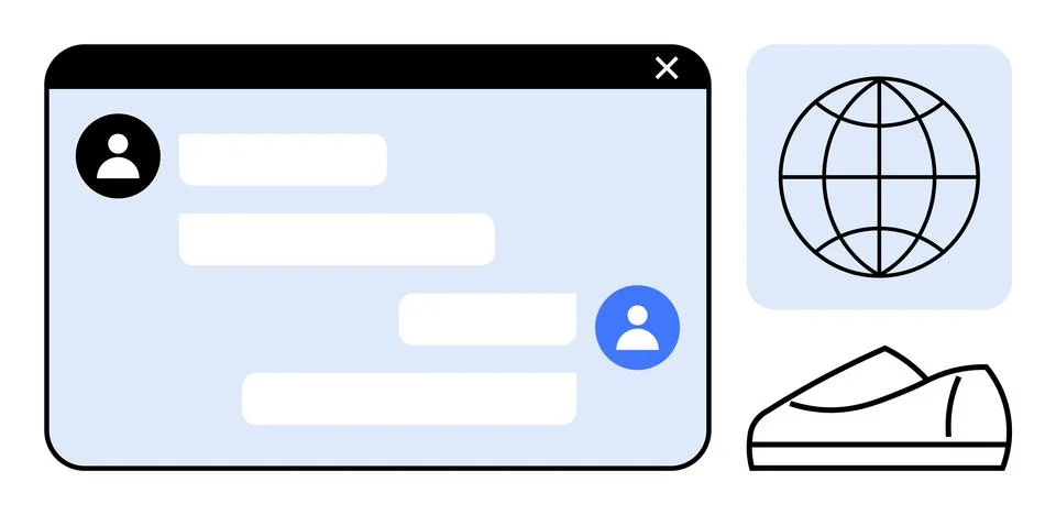 Online Shopping Interface Featuring Chat Support, Global Network, and Shoe Ic イラスト素材