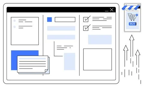 Online Shopping Interface Layout with E-commerce Elements and User Interact.. Stock Illustration