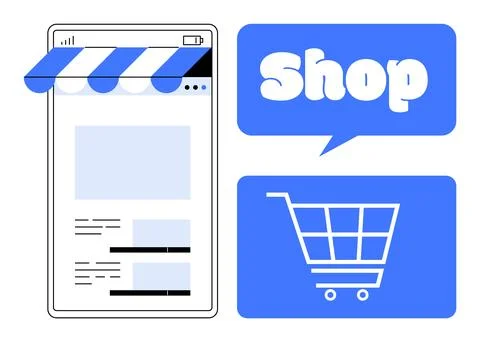Online Shopping Interface with Storefront, Shop Bubble, and Shopping Cart Stock Illustration