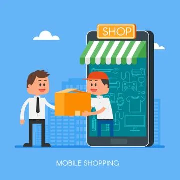 Online shopping on internet using mobile smartphone. Fast delivery concept Illustrazione stock