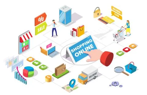 Online shopping isometric flowchart, vector illustration. Ecommerce, online 스톡 일러스트
