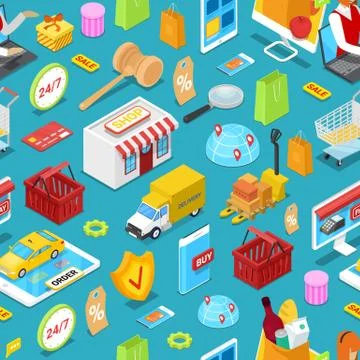 Online shopping isometric seamless pattern Illustrazione stock