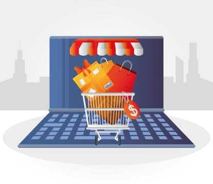 Online shopping, laptop computer technology cart with gift and bag Stock-Illustration