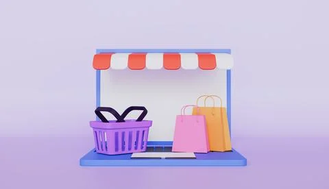 Online shopping on laptop, e-commerce online store 3d icon illustration Illustrazione stock