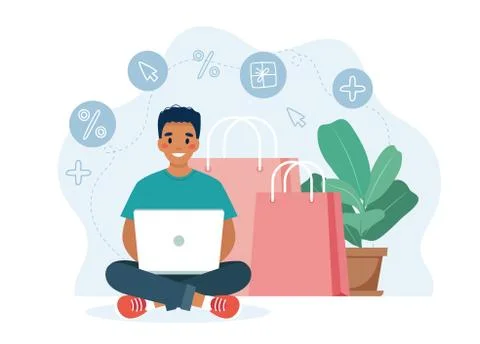 Online shopping with man character with computer and big screen, sale concept. イラスト素材