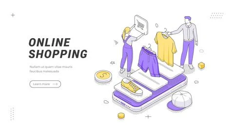 Online Shopping On Mobile App Isometric Vector Illustration Banner Template Stock Illustration