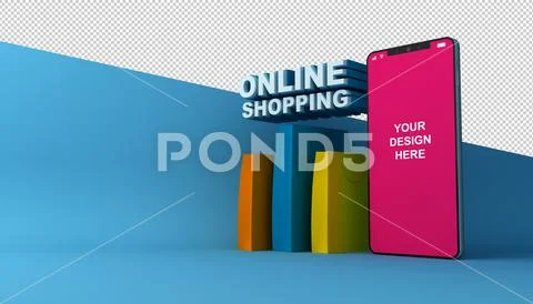 Online Shopping, Mobile Application, 3d rendering PSD Template