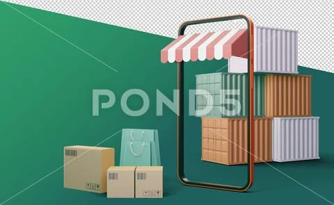 Online Shopping, Mobile Application, 3d rendering. PSD Template