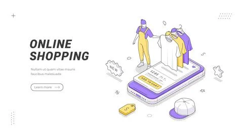 Online Shopping Mobile Application Isometric Banner Vector Illustration Tem.. Stock Illustration